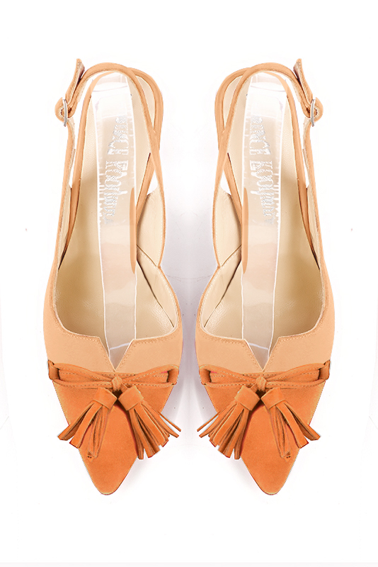 Apricot orange women's open back shoes, with a knot. Tapered toe. Medium slim heel. Top view - Florence KOOIJMAN